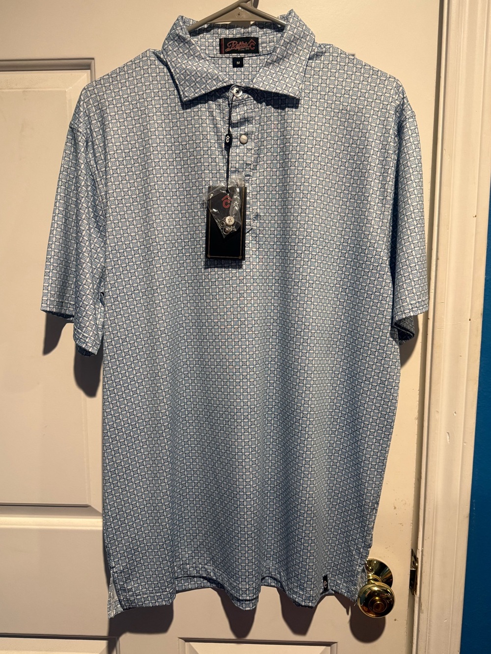 Rafter C Light Blue Geometric Print Polo - Size Medium